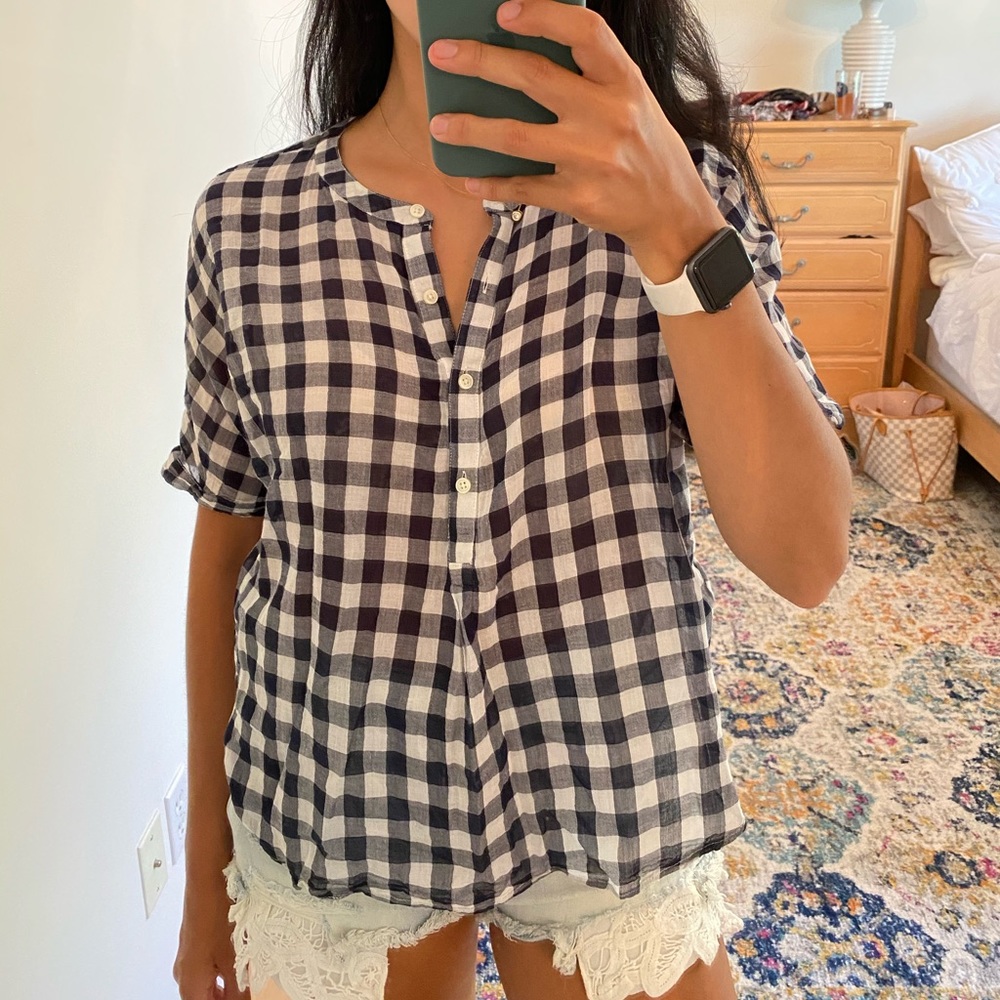 Navy and White Checkered Blouse, Size Small!